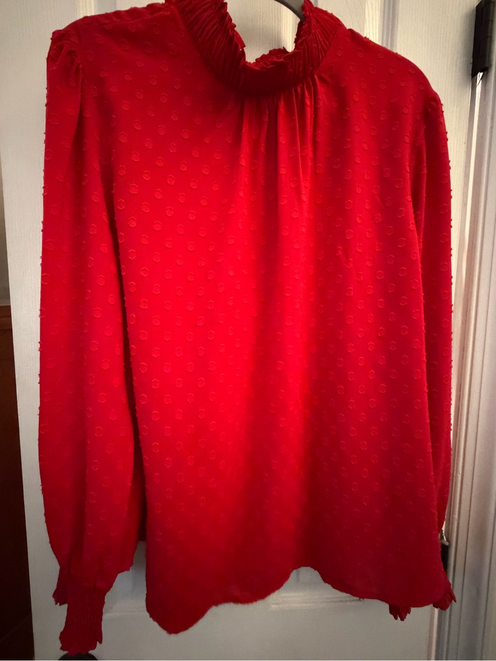LOFT Red Swiss Dot Ruffle-Neck Long Sleeve Blouse